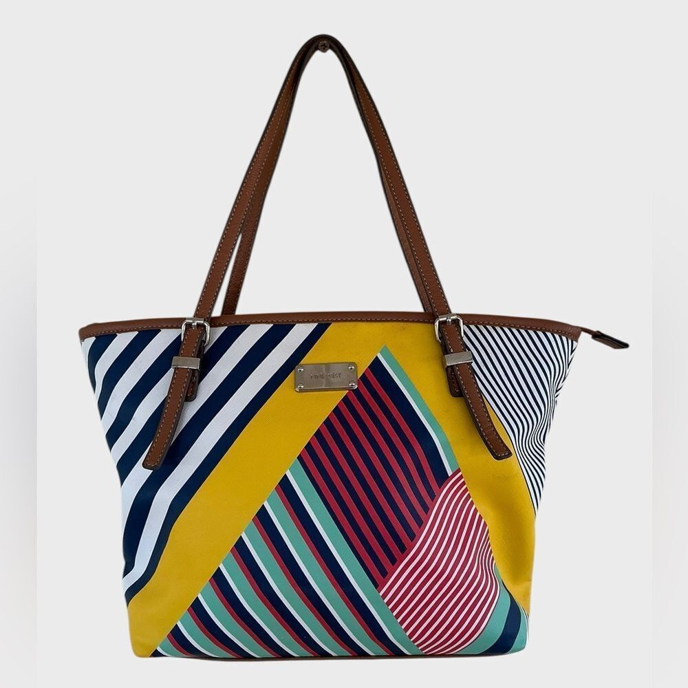 Nine West Colorblock Stripe Tote Bag Rainbow Vegan Leather Shoulder Purse